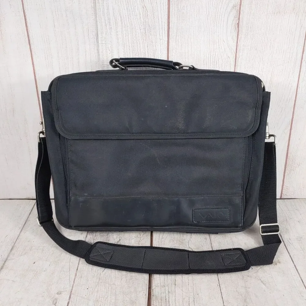 Vintage Sony VAIO Laptop Messenger Bag Briefcase Multi-Pocket Black Strap USED
